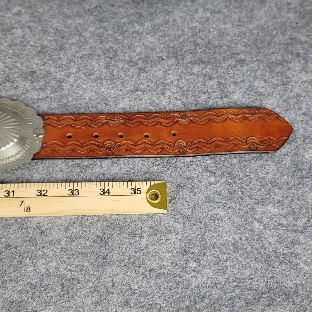 Vintage Western Tooled Leather Concho Belt Brown Silver Tone Southwestern 36 NOS - Picture 8 of 10